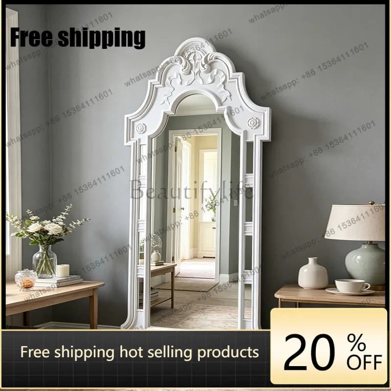 hot Light luxury retro old carved floor mirror European arched vertical decorative fitting mirror