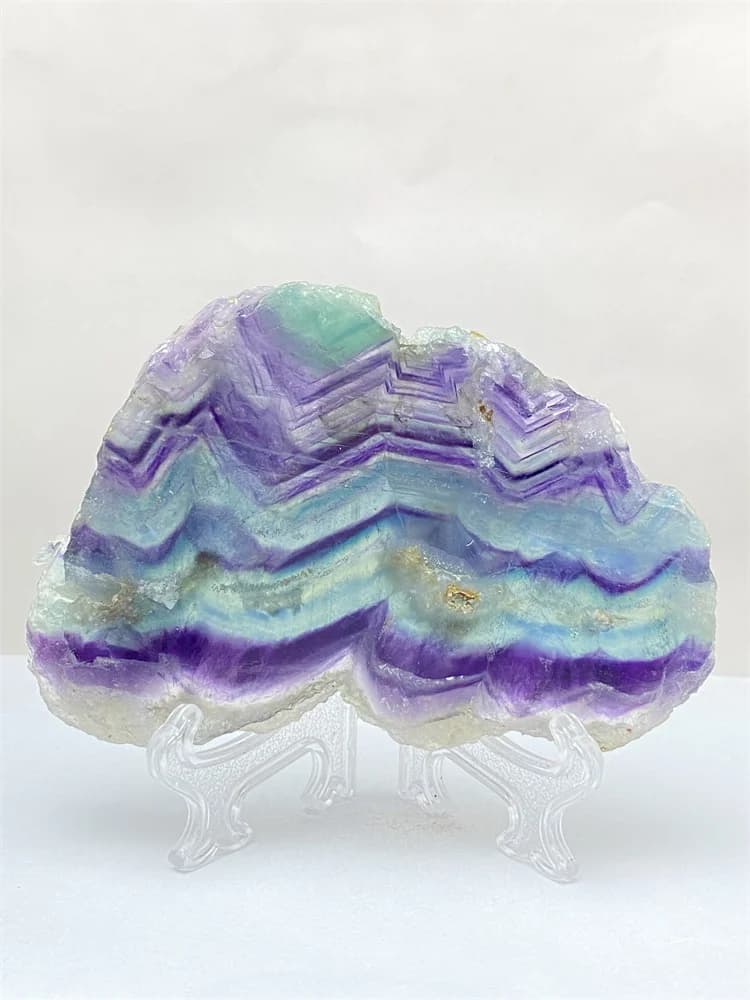 Natural Colorful Rainbow Fluorite Raw Stone Slice Striped Polished Gemstone Aura Crystal Specimen Office Home Decoration + Base