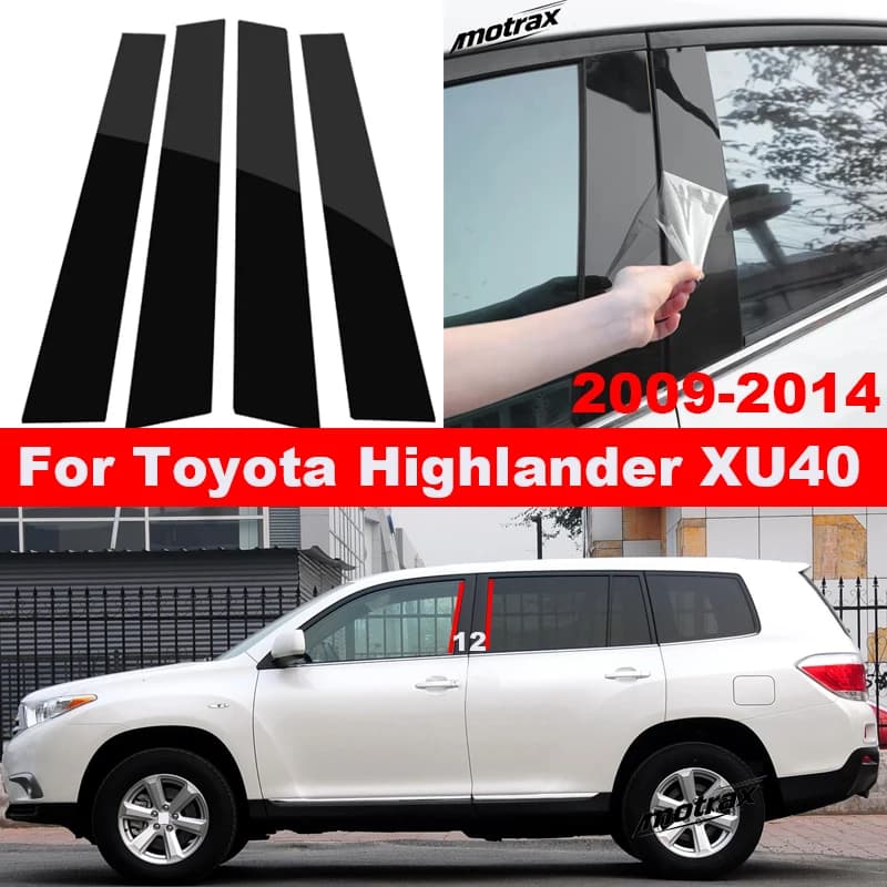 Glossy Black Car Door Central Window Column Strip PC Pillar for Toyota Highlander XU40 2009-2014 Car Decorative Accessories