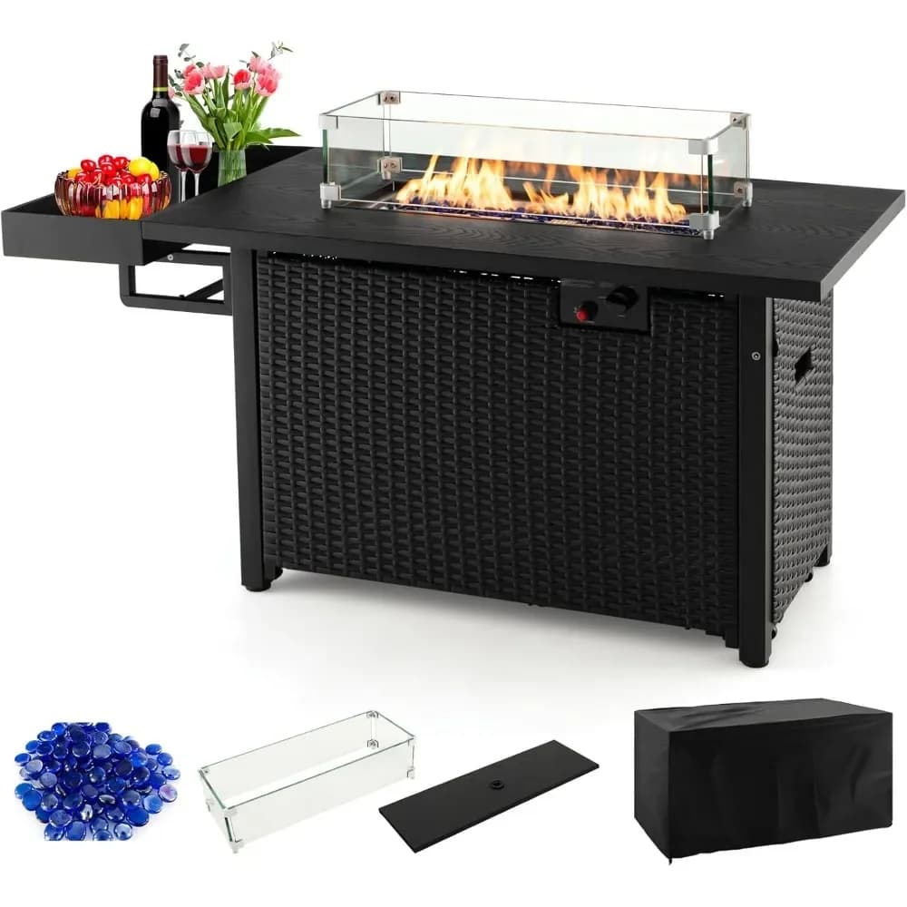 Wicker Patio  Table w/Lid, Waterproof Cover, Tempered Glass Wind Guard