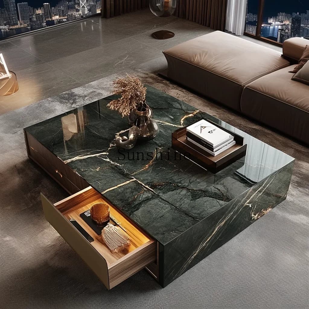 Modern light luxury large flat-floor villa natural marble jade square coffee table  FT