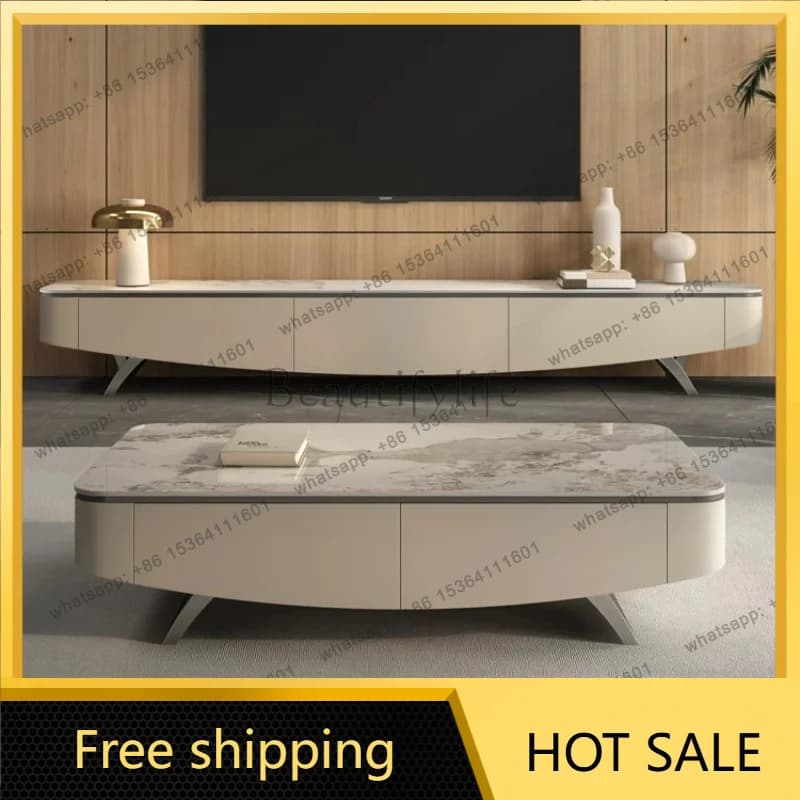 XX. Light luxury rock slab suspended TV cabinet coffee table combination simple modern small apartment living room