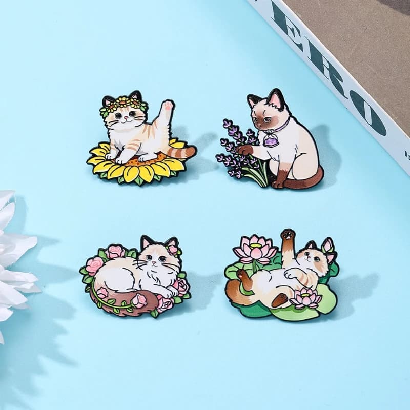 New Fashion Flower Cat Brooch Sunflower Lotus Lavender Rose Drip Oil Metal Badge Pin for Gift DIY Clothing Bag Hat Scarf T-shirt