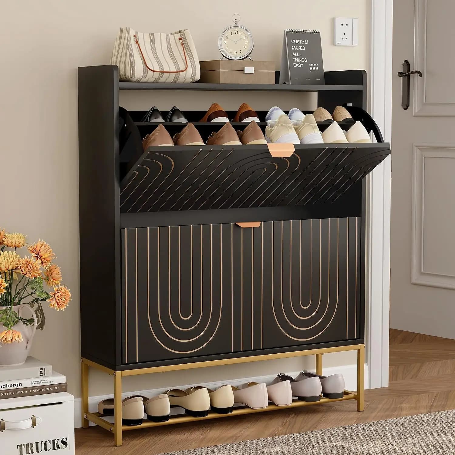 Narrow Shoe Storage Cabinet with 2 Flip Drawers, Wooden Freestanding Hidden Shoes Rack Organizer for Entryway,Customized