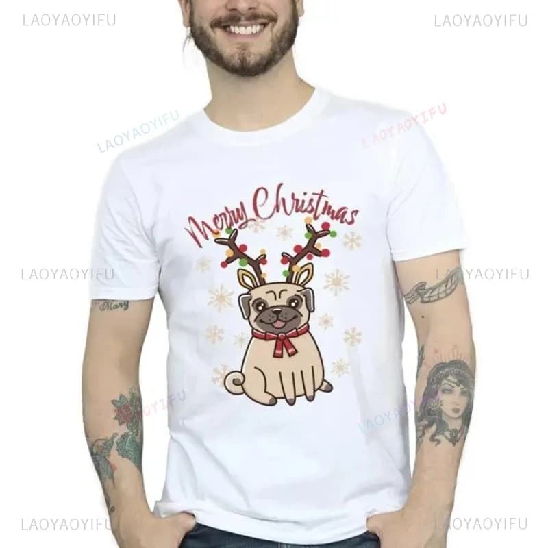 Men's Pets Christmas Merry Christmas Pug Antlers T-Shirt 2026 Christmas Gift Funny Pattern T-Shirts Streetwear