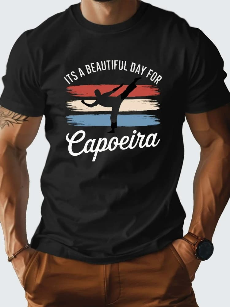 Men's cotton red martial arts T-shirt-"It's a beautiful day for Capoeira"-O-neck T-shirt with soft breathable fabric.