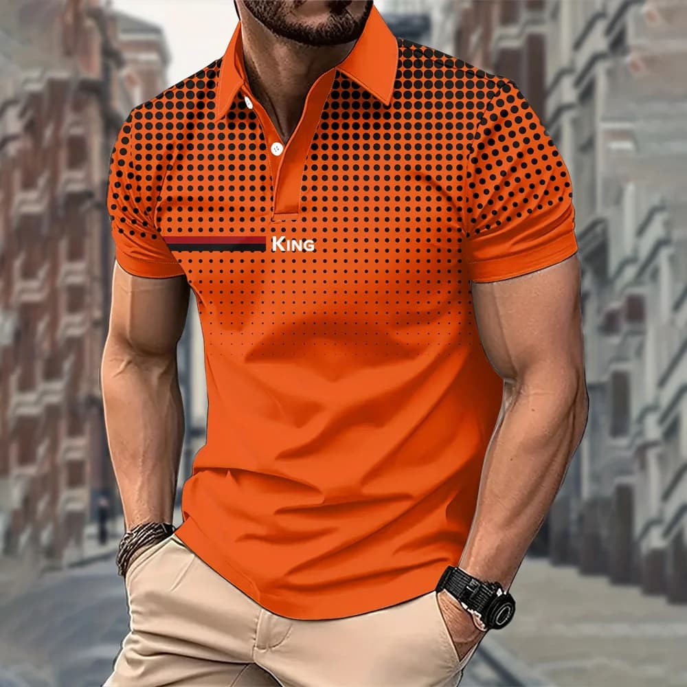 Summer Men's Polo Shirt with KING round dot Print Breathable Lightweight Casual Fashionable Outdoor Quick-Drying Men's Clothing
