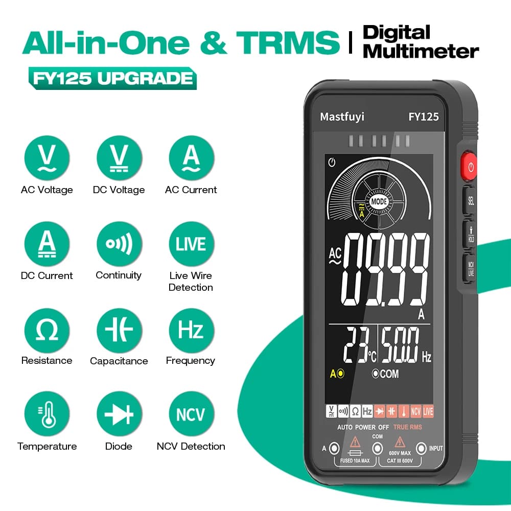 MASTFUYI FY125 Digital Multimeter NCV Live Wire , True RMS 6000 Counts Auto/Manual, AC/DC Voltage Current Resistance Capacitance