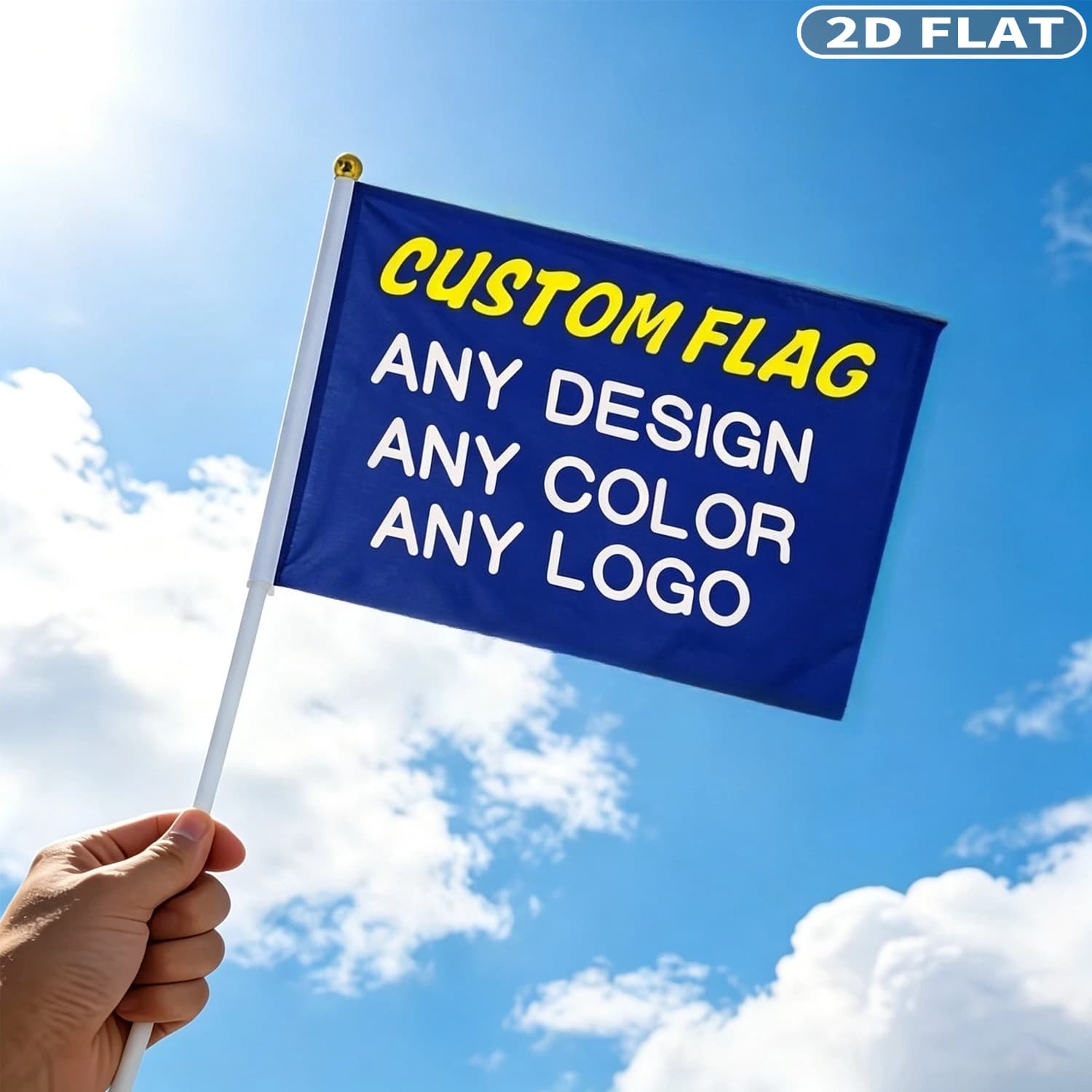 2D FLAT Custom Hand-Held Flag Sets 20 Polyester Flags, 14cmX21cm, with White Poles. Ideal for Parades, Celebrations, Activities