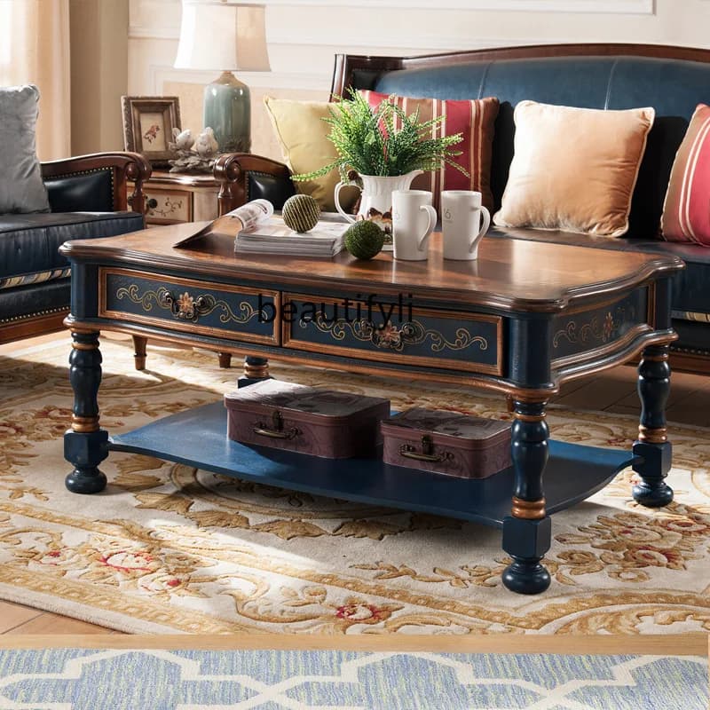 American-style Living Room Furniture Solid Wood Coffee Table 1.2m Double-sided Drawer Vintage Hand-painted Blue Coffee Table