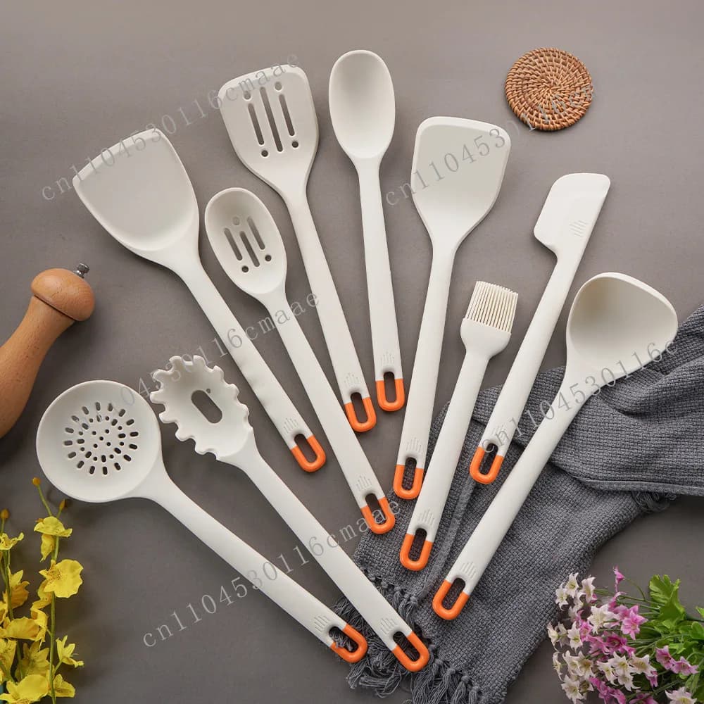 Silicone full-coverage kitchenware cooking set, kitchen storage bucket set of 11, non-stick pan special slotted spatula set
