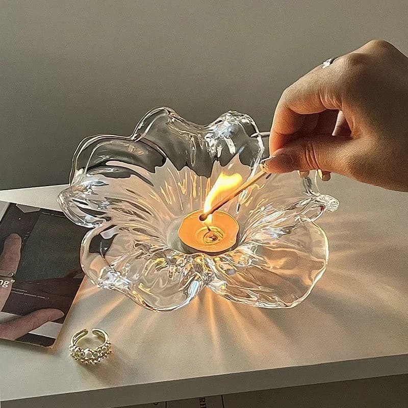 Elegant Glass Flower shaped Candle Holder Tabletop Decor Handmade Floral Decor Elegant Glass Candle Holder Decor Holiday Gift