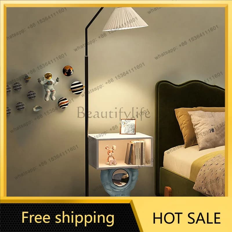 LJY Modern Minimalist Multifunctional Nightstand with Built in Bookshelf LED Floor Lamp Storage Shelf for Bedroom Home Decor