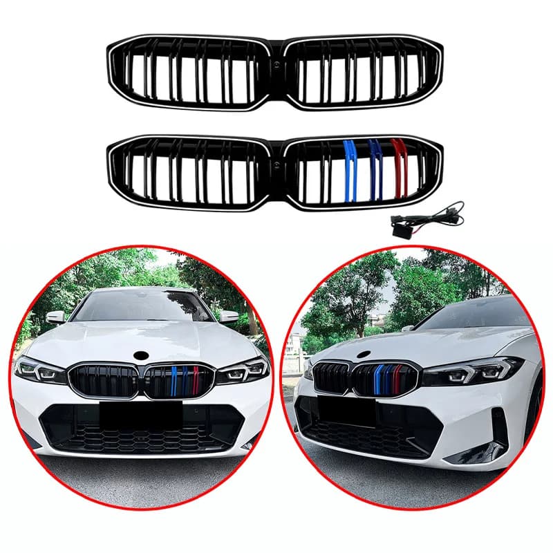 For BMW 3 Series G20 G21 2023+ High Quality ABS Double Lines 3 Color LED Kidney Grille 3 Color Front Bumper Grill Glossy Black