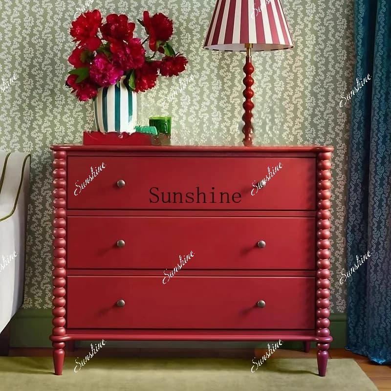 French light luxury solid wood chest, high-end red entry drawer, porch engraving, bedroom storage  FT