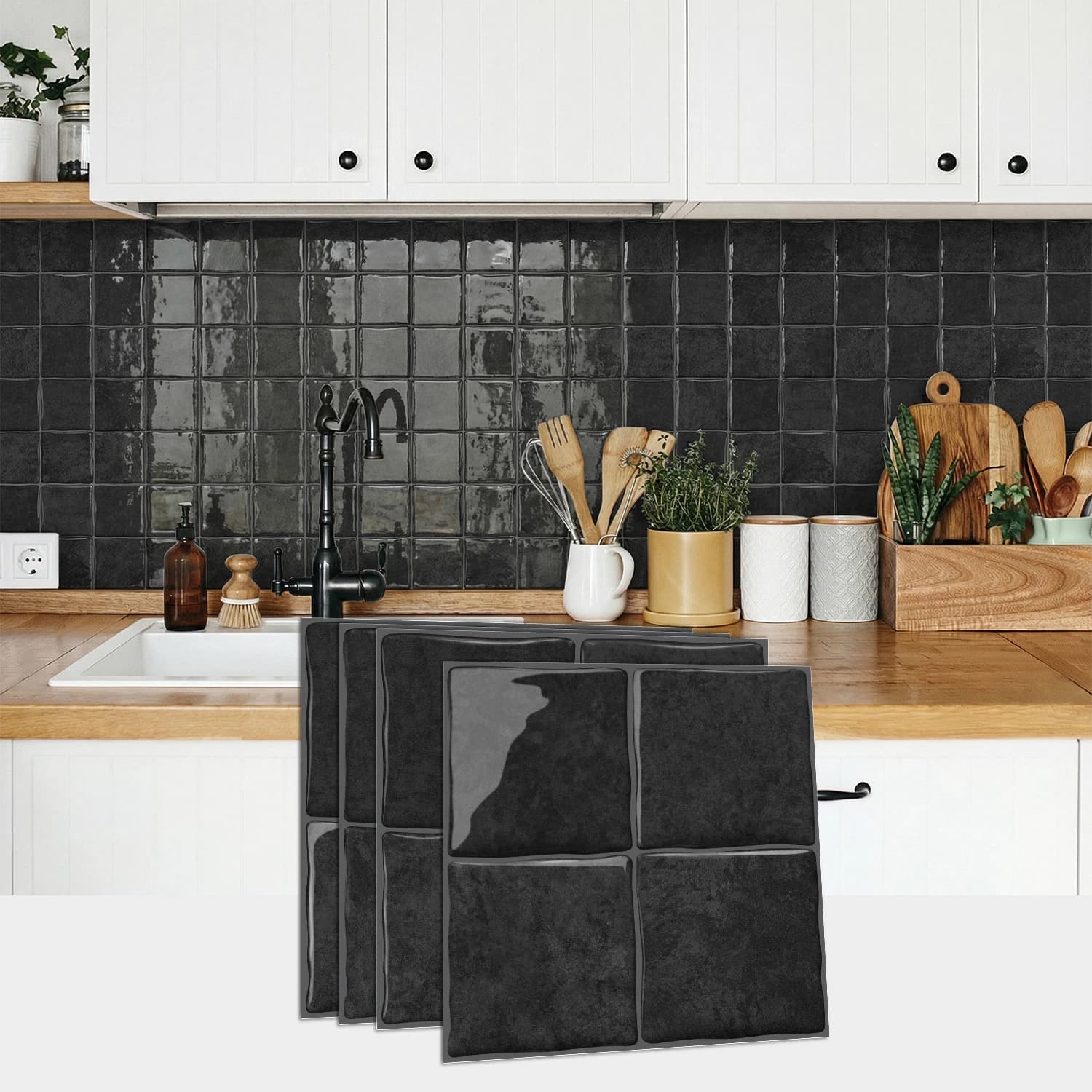 3D Epoxy Black Tile Wall Stickers (6x6inch) Self-Adhesive PET+PU Waterproof Decor for Kitchen Bathroom