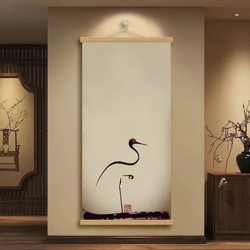 Chinese Ink Painting Hanging Scroll Wall Art Crane Bamboo Poster with Wooden Frame, Oriental Zen Decor for Living Room Tea Room
