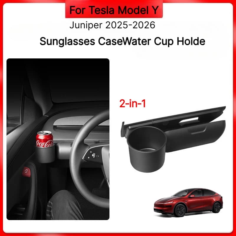 2‑in‑1 Dashboard Water Cup Holder Sunglasses Case Storage Organizer Tray For Tesla Model Y/YL Juniper 2025+ Interior Accessories