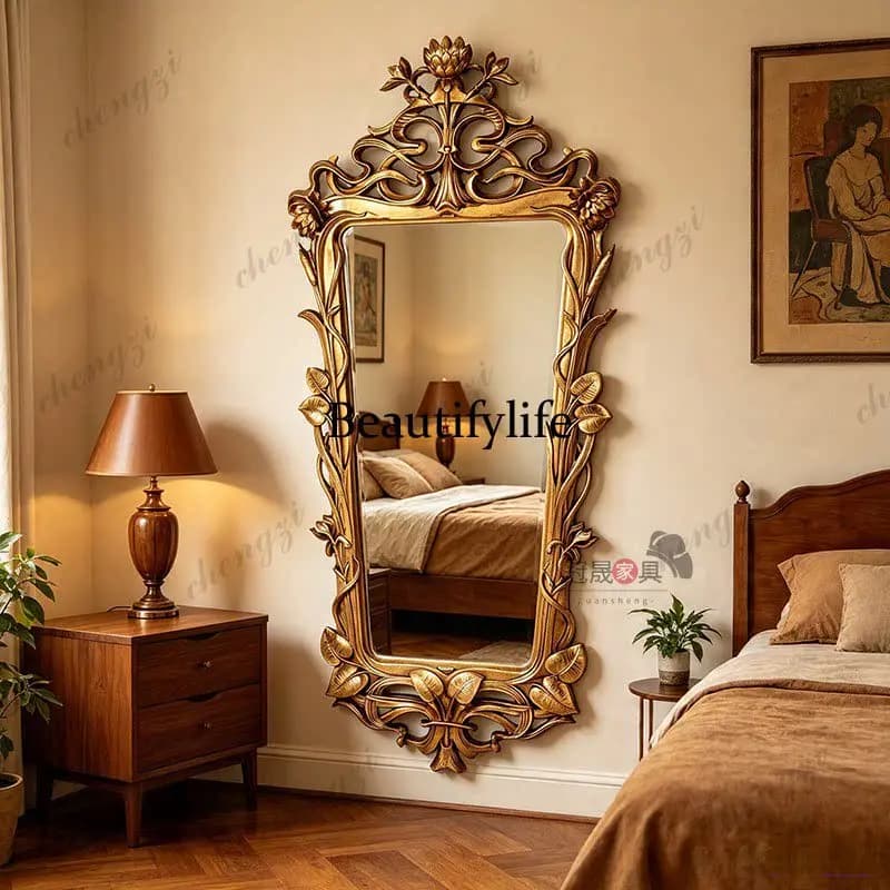 American retro wall-mounted full-body mirror  home-carved special-shaped full-length mirror French wall-mounted fitting mirror