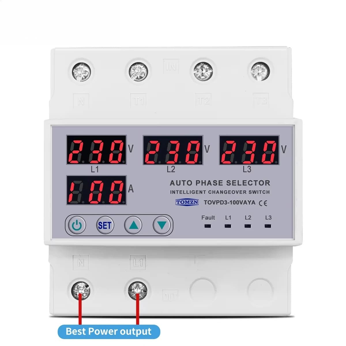 100A 3 Phase 3P+N Din Rail Phase Selector Adjustable Over and Under Voltage Current protection   Relays Protector