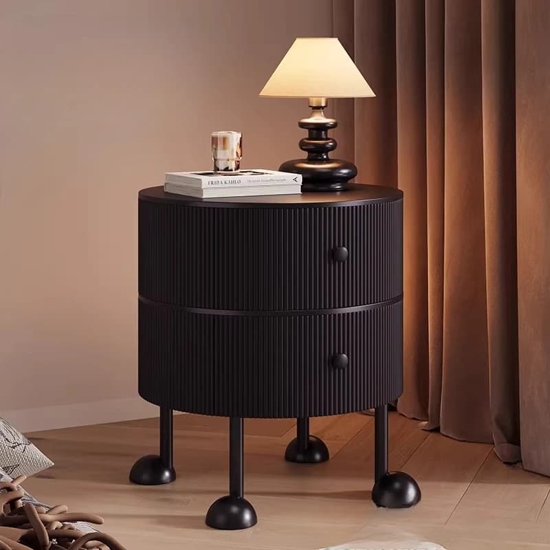 Vintage Black Round Bedside Table for Bedroom Luxury Nightstand Modern Small Storage Cabinet Creative Mid-Century Home Furniture