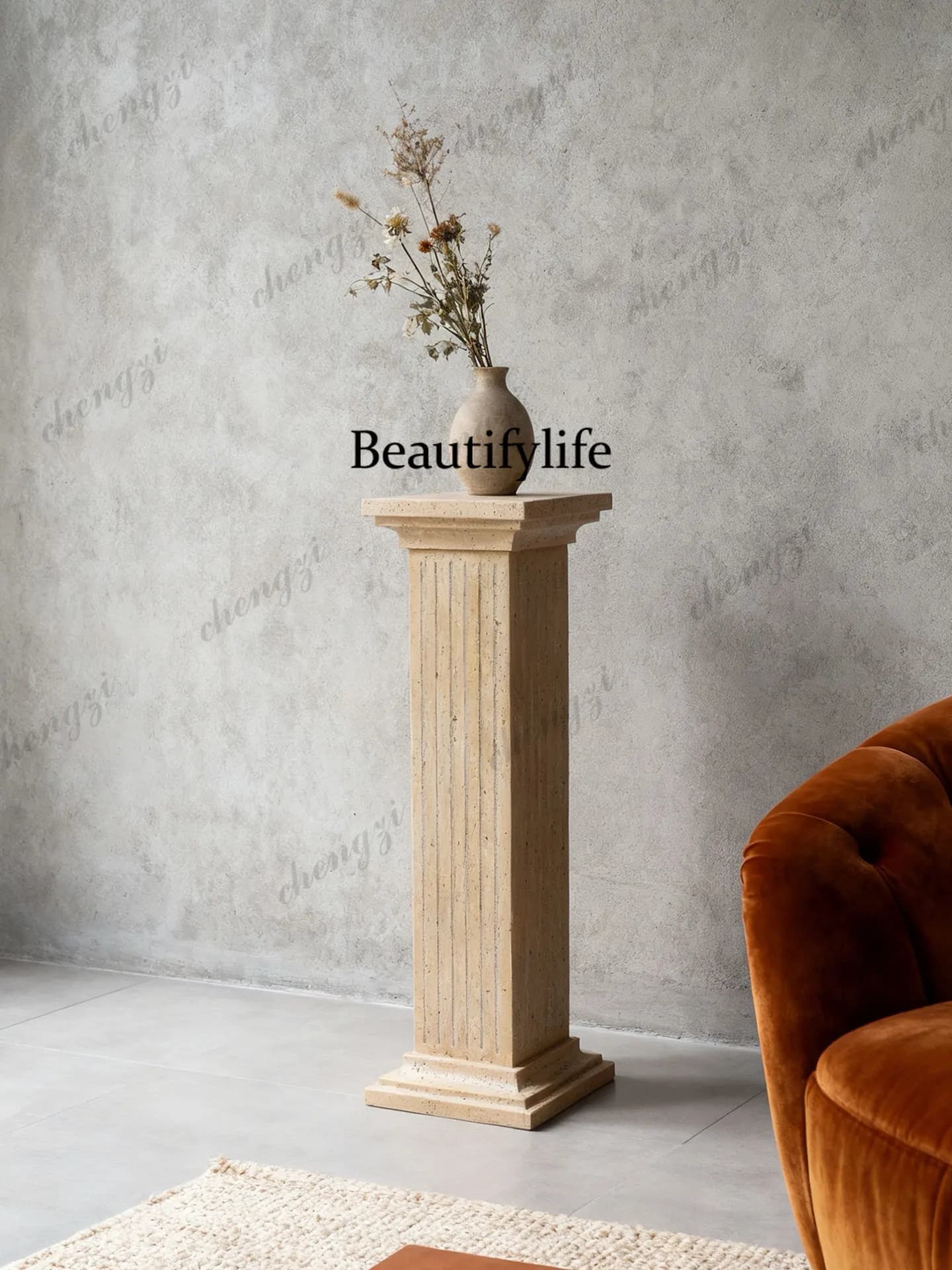 Wabi Sand Wind Yellow Travertine Marble Roman Column Sculpture Base Ornament Display Table Living Room