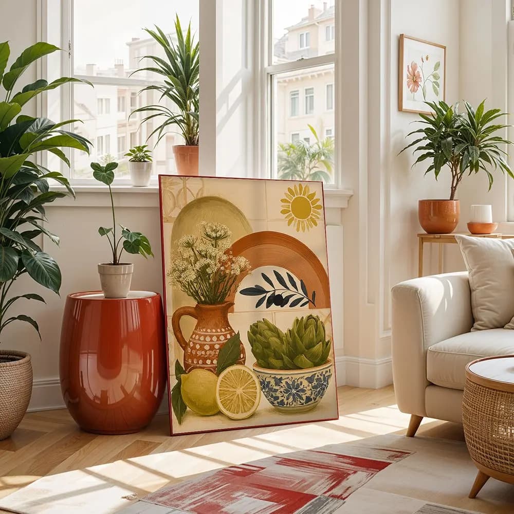 Vintage Mediterranean Fruit & Vase Canvas Poster Wall Art,2D Print Wall Decor,Aesthetic Gift For Living Room & Kitchen