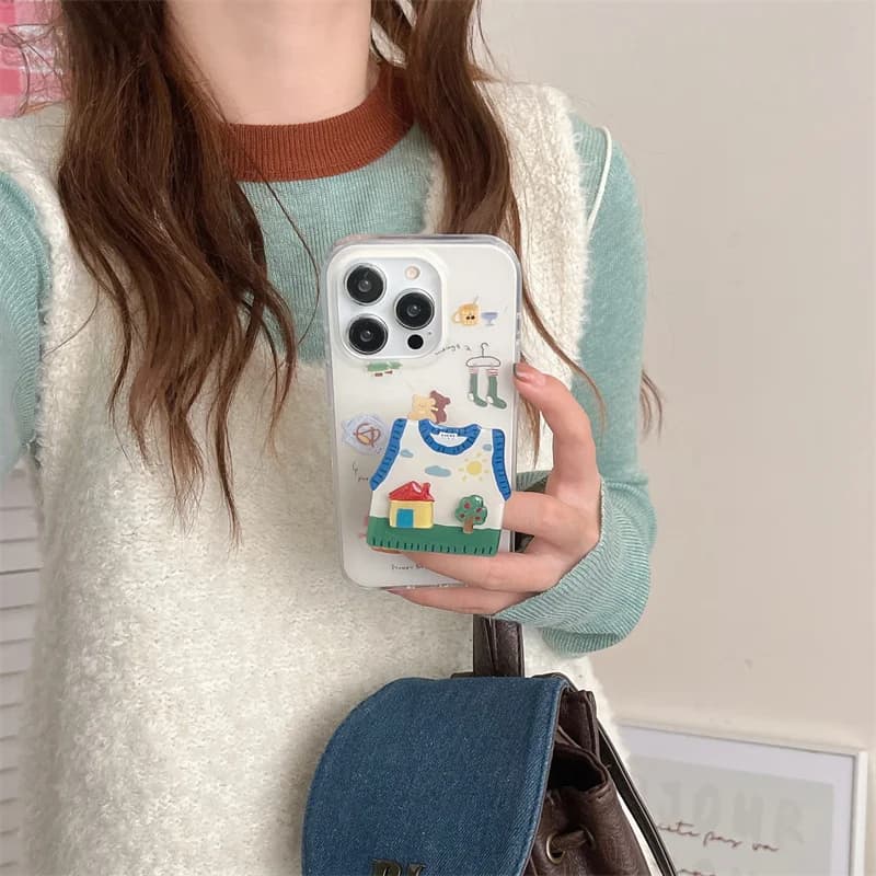 Kawaii Cartoons Bear Phone Case For iPhone 16 Pro 14 13 Pro 15 Max Protective Cover with Cute Sweaters Holder Shockproof Cases