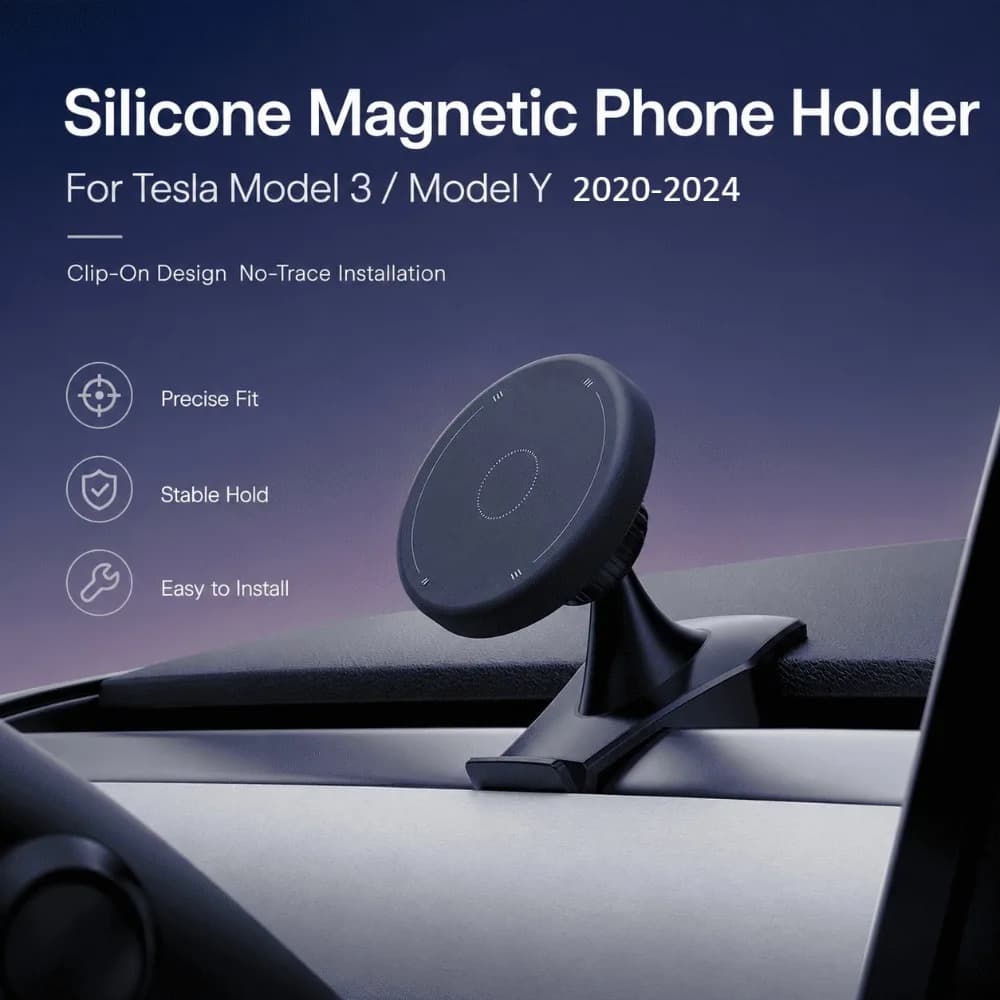 Silicone Magnetic Phone Holder For Tesla Model 3 Model Y 2020-2024 Clip On Car Mount Stand Dash Bracket Interior Accessories Set
