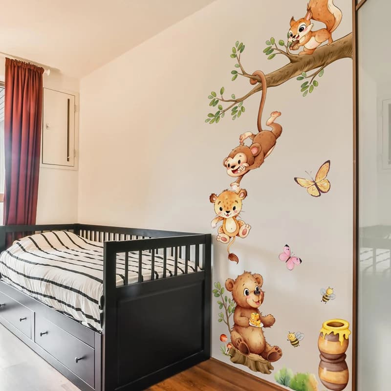 Animal Branches Cute Monkey Butterfly Bee Vinyl Wall Stickers for Kids Room Home Decoration Baby Education Funny Anime Poster