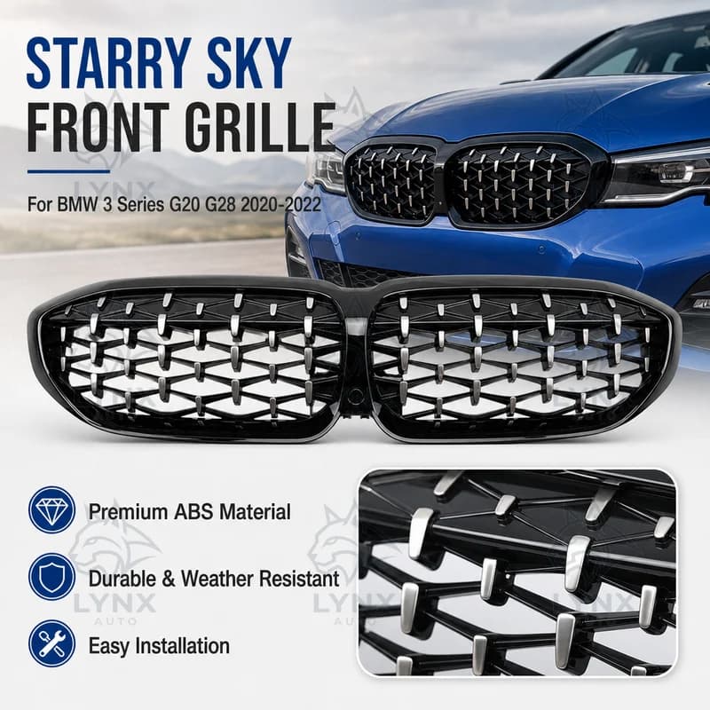For BMW 3 Series G20 G28 2020-2022 Starry Sky Meteor Front Grille Black Frame Silver Dot Modified Auto Styling