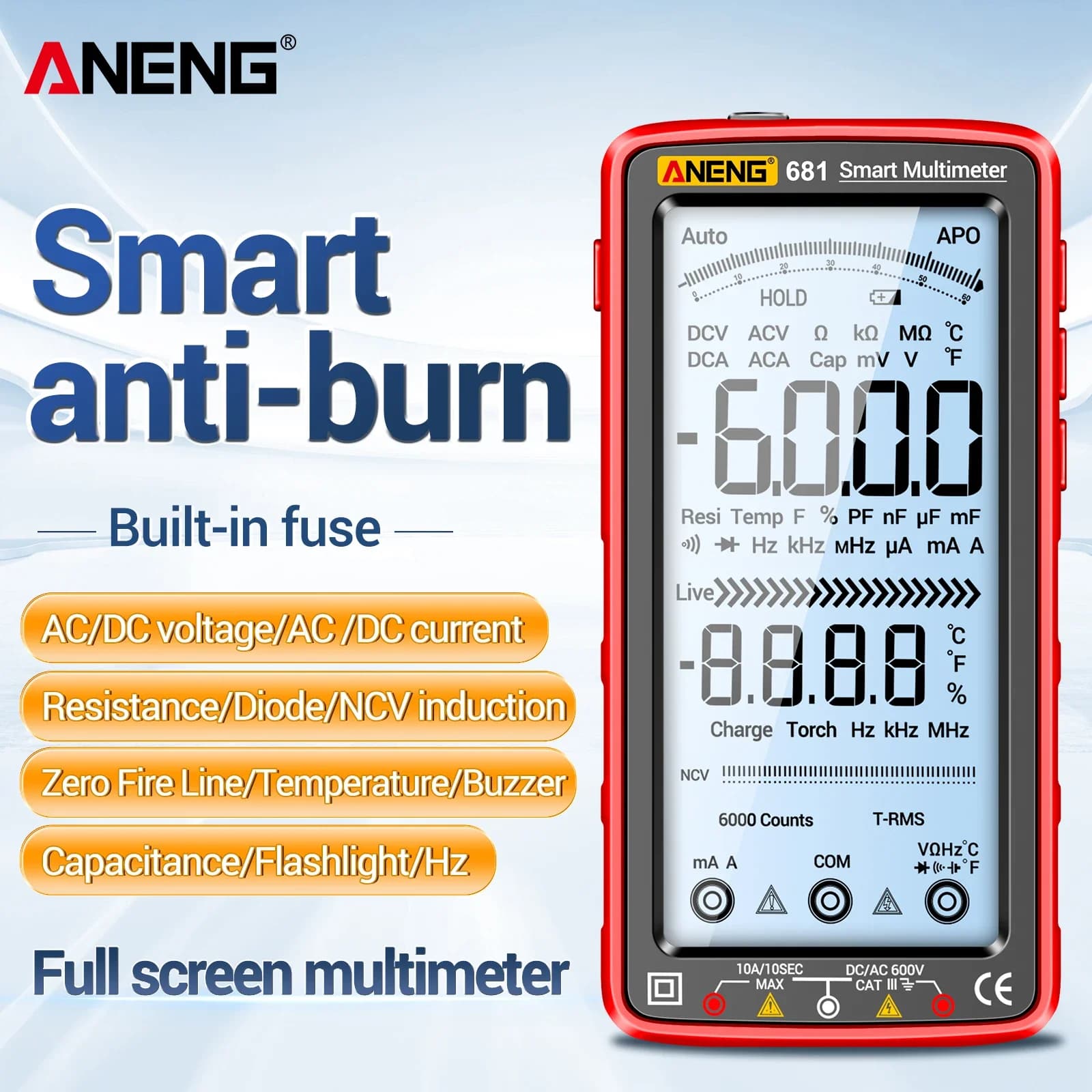 ANENG 681 Rechargeable Multimeter Professional Non-contact Voltage Detector AC DC Voltage Current Tester with LCD Display