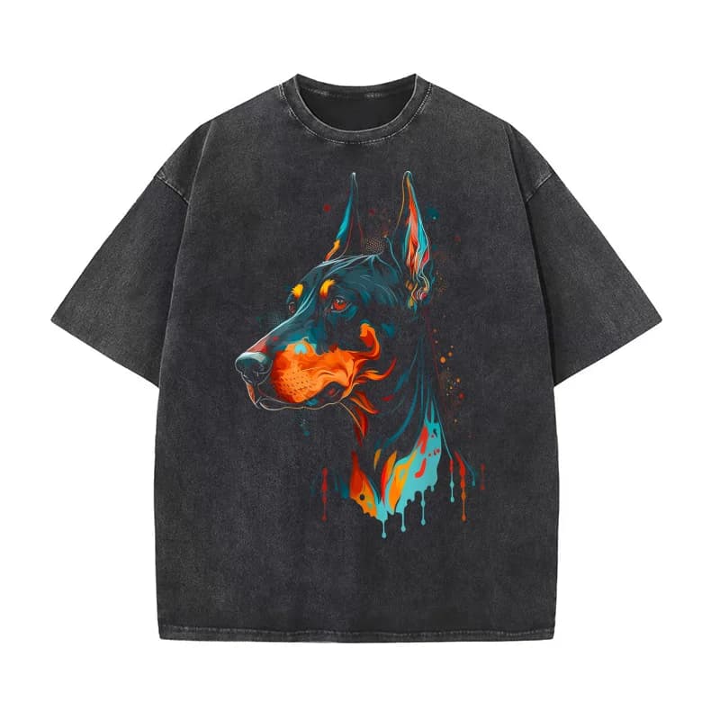Colorful Doberman Pinscher For Dog Owners Pure Cotton T-shirt For Man Oversized Art Graphic Clothing Printed
