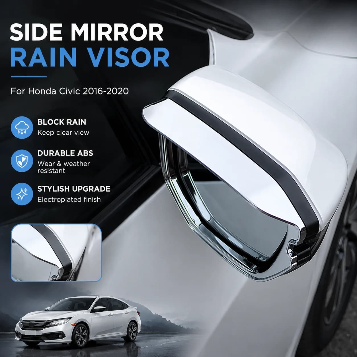 ABS Electroplated Side Mirror Rain Visor for Honda Civic 2016-2020