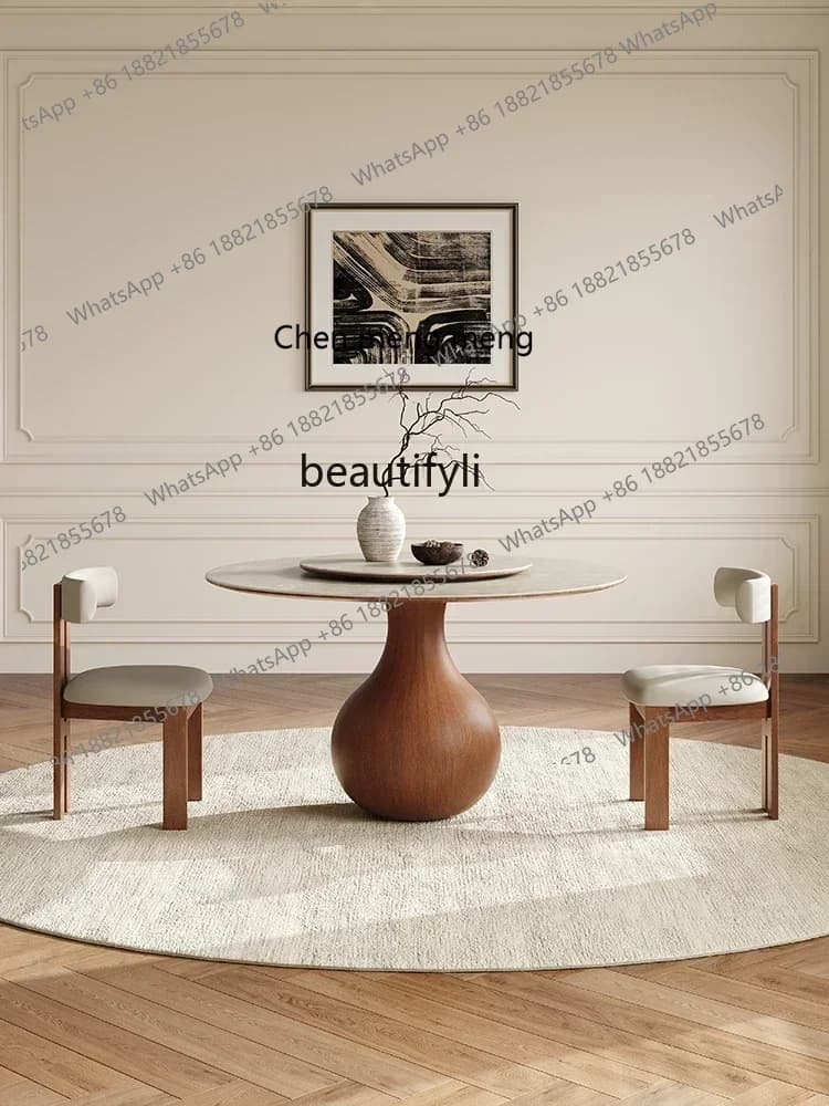 20031Retro Solid Wood Dining Table, Small Apartment, Silent Mid-Ancient Style Walnut Designer Dining Table, French round Stone P