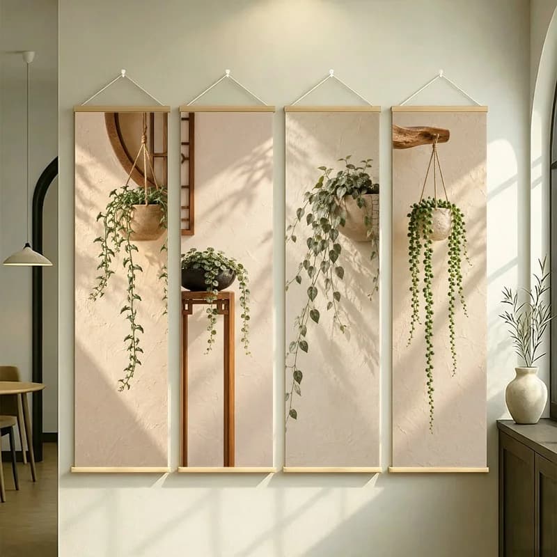Wall Art String of Pearls and String of Dolphins, Wabi-Sabi Silver Shimmer Canvas Hanging Scroll for Spa Room Home Decor
