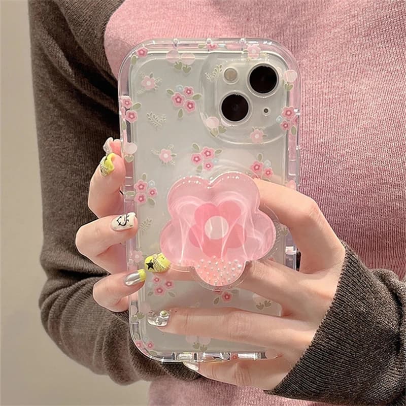 Cute Quicksand Pink Flower Holder Phone Case For Samsung Galaxy S26 S24 Ultra S23 S22 Plus S21 FE A15 A35 A55 A34 A54 Soft Cover