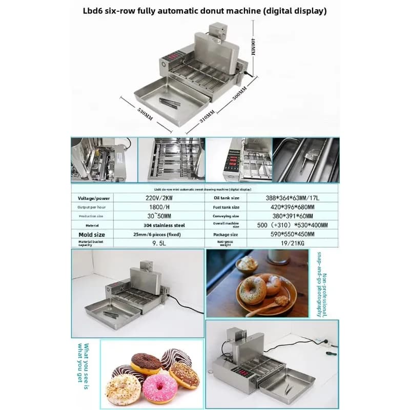 Six-row Mini Automatic Donut Machine Commercial Bakery Equipment 6 Donuts/Min 220V High Capacity Fried Snack Production Line