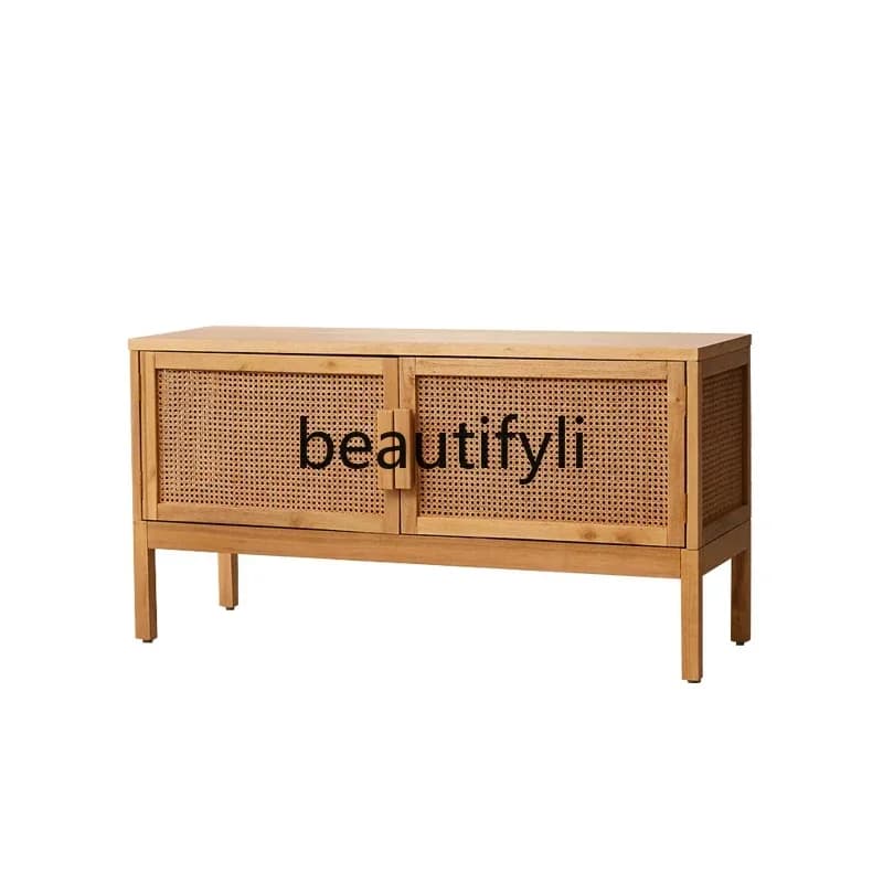 Rattan all solid wood TV cabinet Nordic postmodern small apartment living room furniture ash wood swing door floor cabinet4593