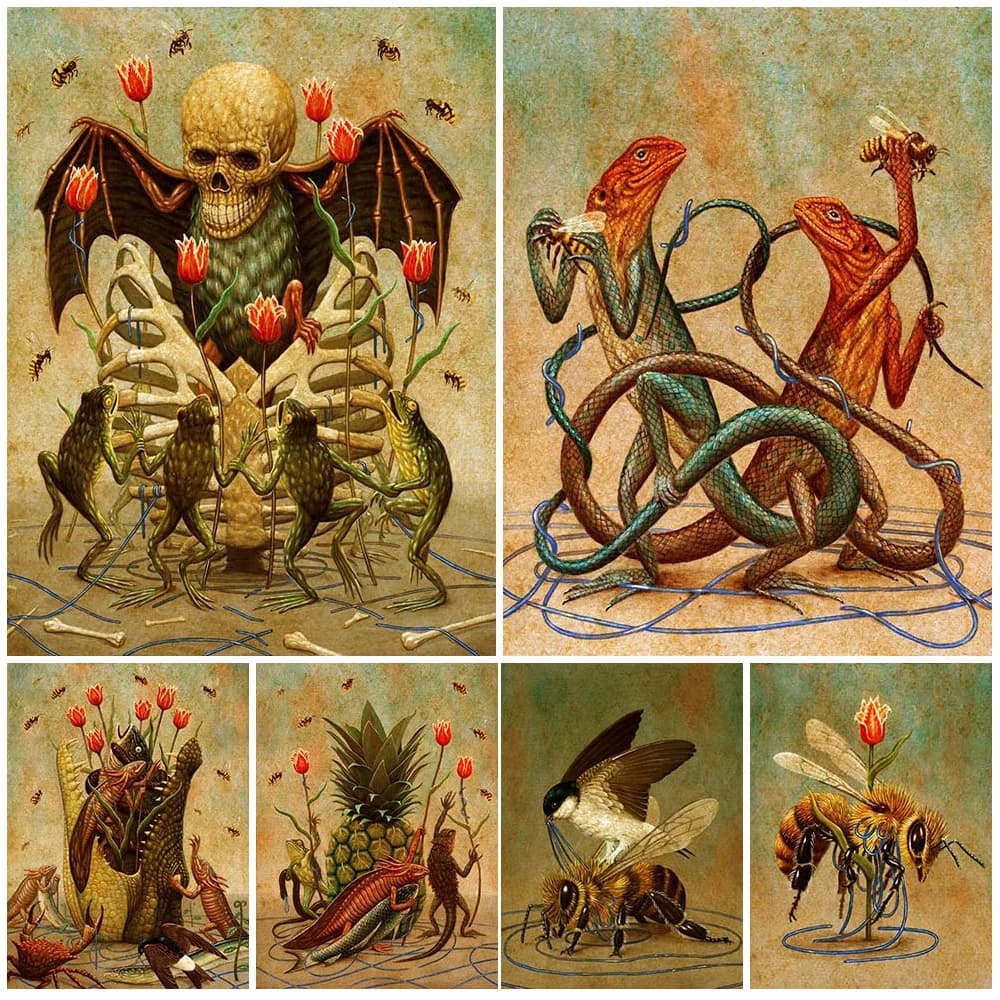 Skeletons,Bats,Magic Frogs And Lizards Witchcraft Element  Art Poster Prints Home Decoration Vintage Wicca Wall Art Canvas Print