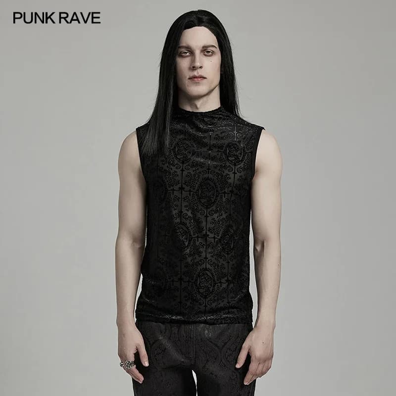 PUNK RAVE Men's Gothic Gorgeous Flocked Pattern Mesh Tank Top Minimalist Dark Sexy Handsome Tops Streetwear Summer