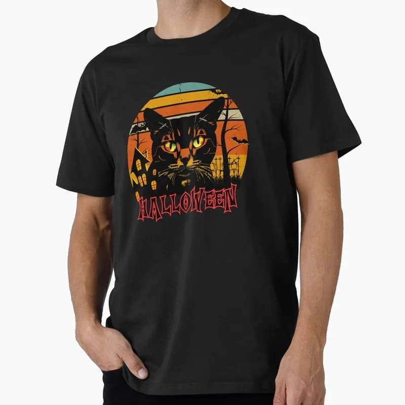 Black Cat Halloween Gift T Shirt Funny Spooky Cat Lover Tee Unisex Trick or Treat Costume Party Short Sleeve Cute Tops