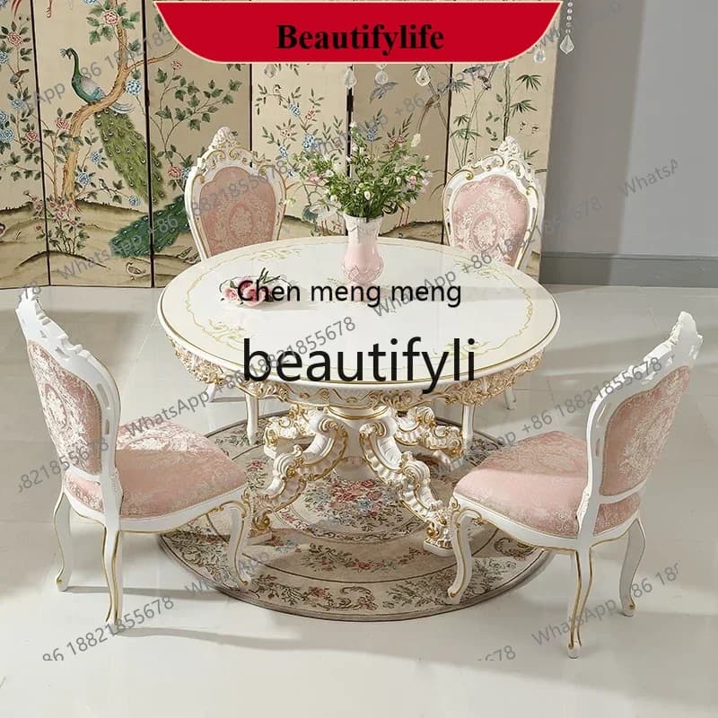 z183  French rococo pink round dining table and chair combination carved dining room luxury furniture solid wood