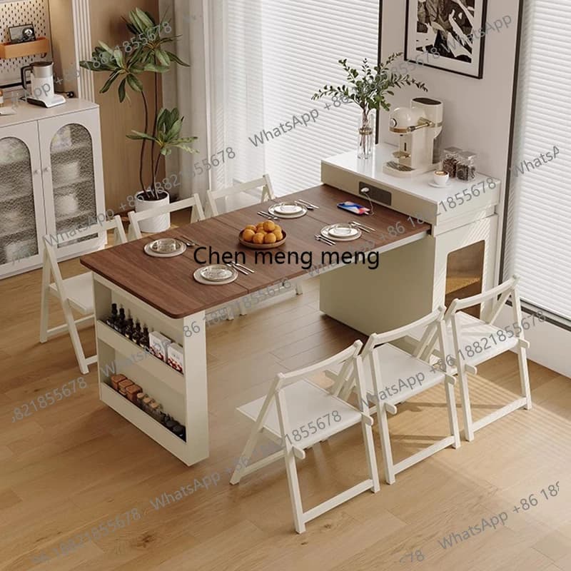 ​​Foldable & Extendable Solid Wood Narrow Kitchen Island Multifunctional Compact Cream Dining Table Cabinet Small Space ​​
