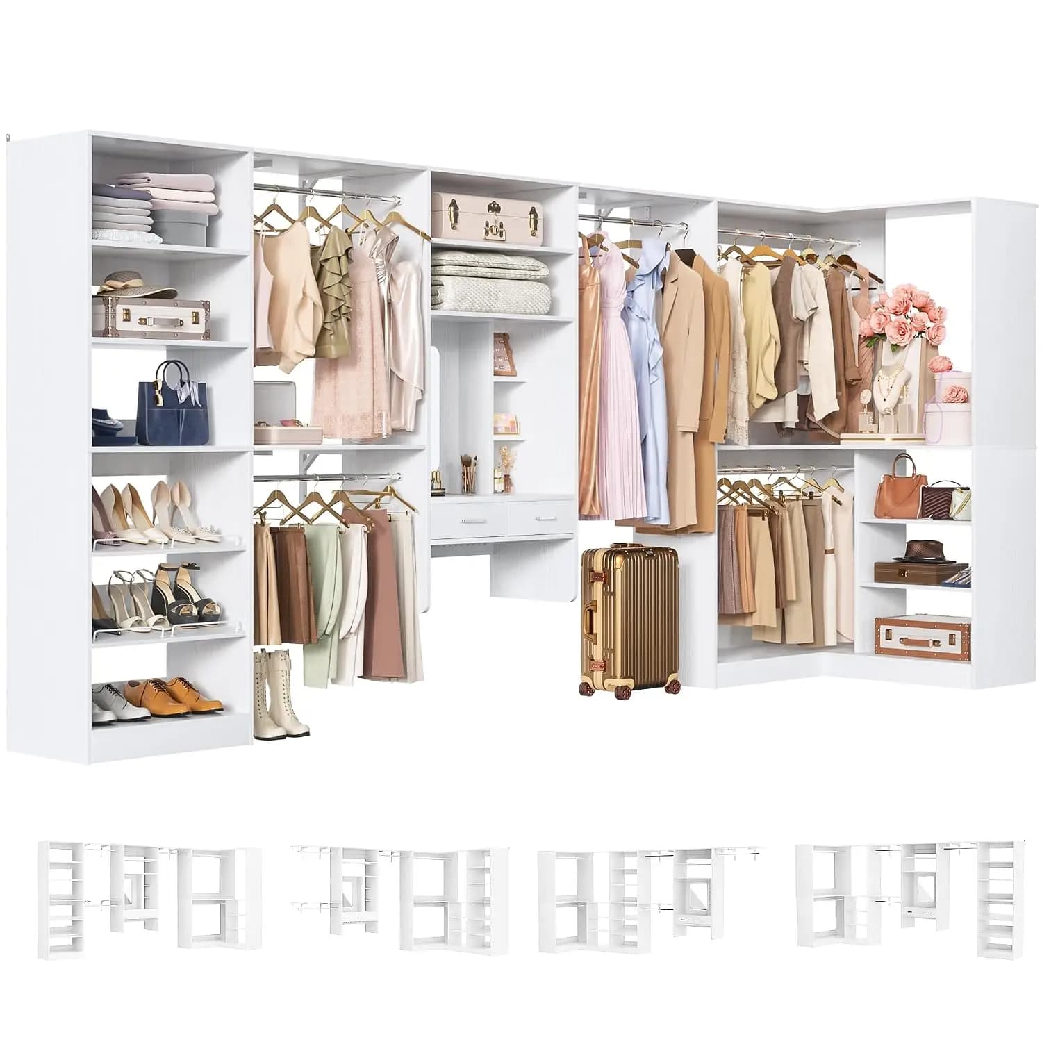 156" Modular Corner Closet System with Vanity Desk Tower, White