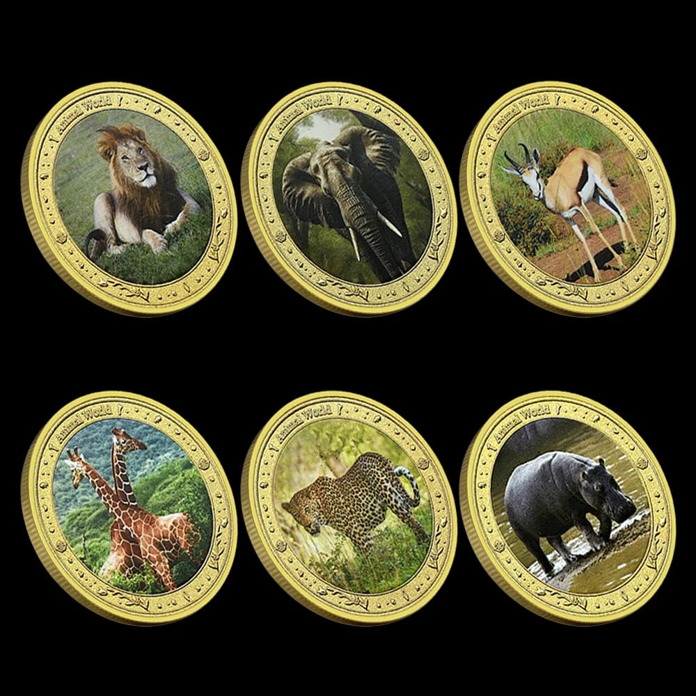 6pcs African Animal Challenge Coins - Lion Elephant Giraffe Leopard Hippo Commemorative Collectible Coins Gift