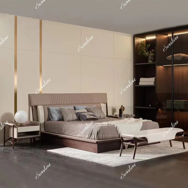 Italian light luxury leather bedside stool solid wood simple bedside stool