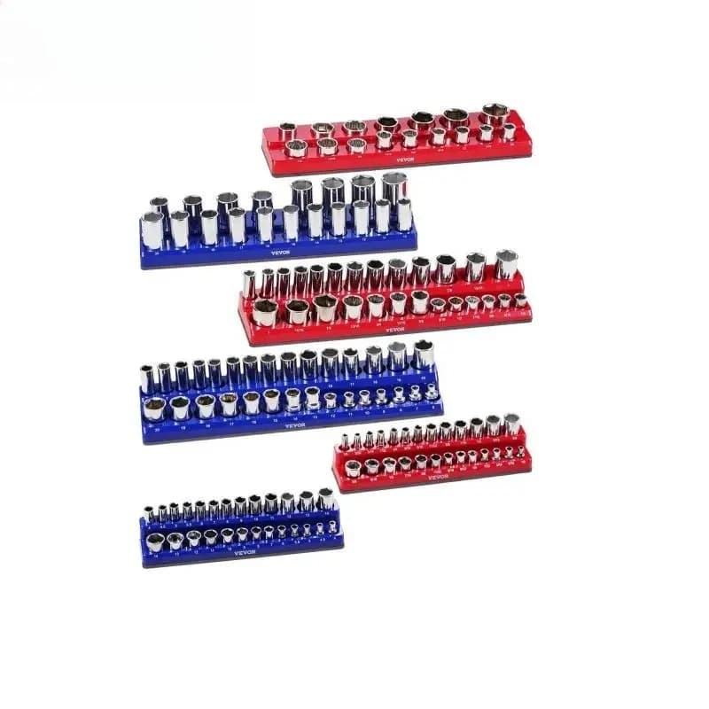 6pcs/8pcs Blue+Red Magnetic Socket Organizer Set 1/4'' 3/8'' 1/2'ocket Trays with Clear Labels for Tool