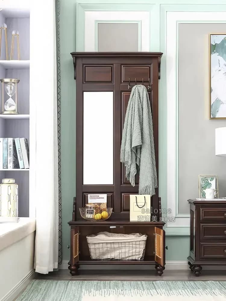 - Full-length Mirror All Solid Wood Floor-to-ceiling Mirror Storage Storage Home Bedroom Coat RackN20