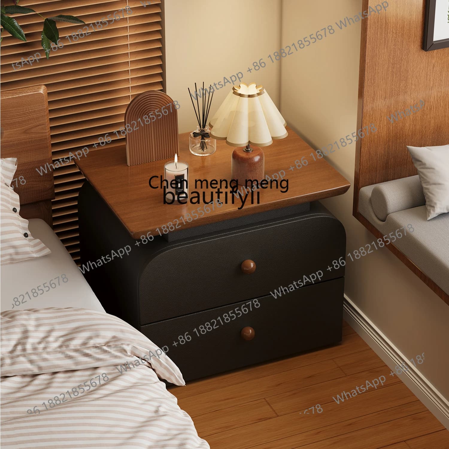 X Bedside table Solid wood small bedroom Light luxury high-end black storage cabinet